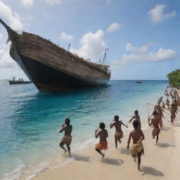 The picturesque island scene dramatically changes as the indigenous tribe, armed with traditional weapons, charge towards the large ship in a seeming attack, adding tension and anticipation to the atmosphere.