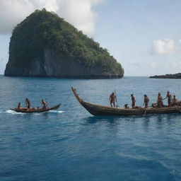 The picturesque island scene dramatically changes as the indigenous tribe, armed with traditional weapons, charge towards the large ship in a seeming attack, adding tension and anticipation to the atmosphere.