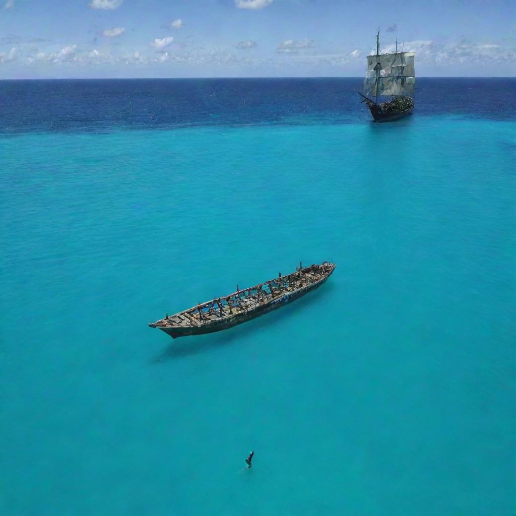 The large ship, now sinking beneath the turquoise seas, while the indigenous tribe on the island watches with a mix of fear and fascination. The sight of the vessel disappearing beneath the waterline is both heartbreaking and awe-inspiring.