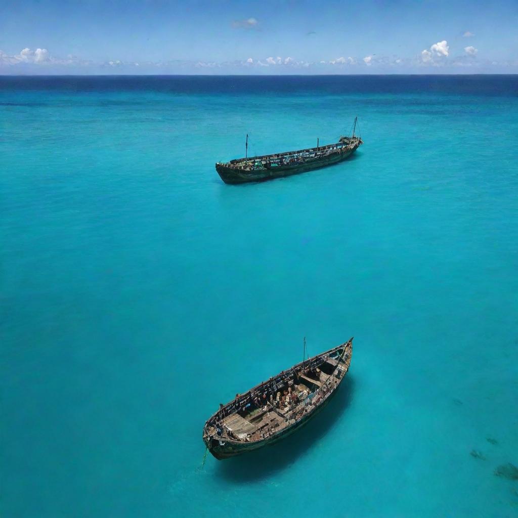 The large ship, now sinking beneath the turquoise seas, while the indigenous tribe on the island watches with a mix of fear and fascination. The sight of the vessel disappearing beneath the waterline is both heartbreaking and awe-inspiring.