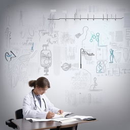 A dedicated individual engrossed in studying medical textbooks, with images of motivational quotes and medical professional symbols surrounding them.