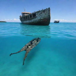 The large ship, now sinking beneath the turquoise seas, while the indigenous tribe on the island watches with a mix of fear and fascination. The sight of the vessel disappearing beneath the waterline is both heartbreaking and awe-inspiring.