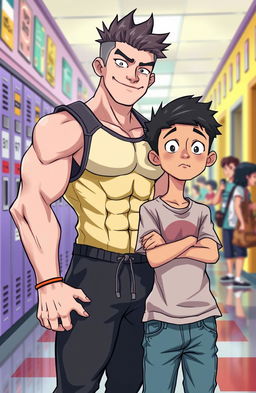 A captivating and colorful illustration of a young white athletic bully in a high school setting