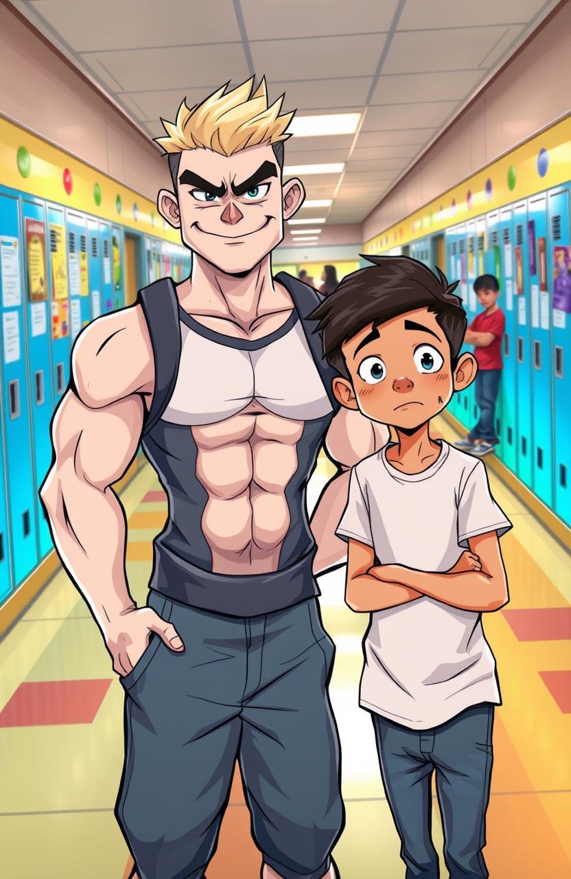 A captivating and colorful illustration of a young white athletic bully in a high school setting