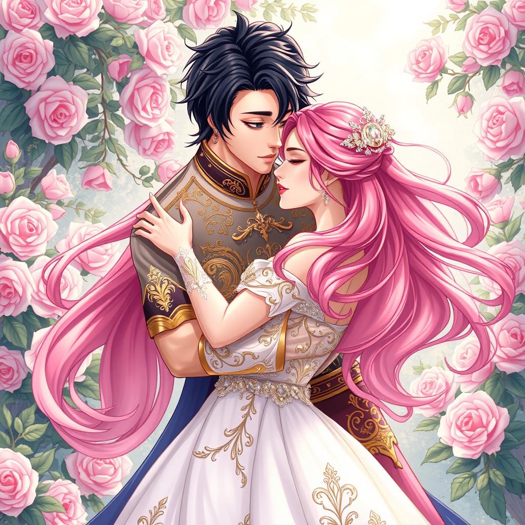 A beautifully romantic illustration of a handsome man with dark hair and a charming smile, locked in a passionate embrace with a beautiful woman who has long, flowing pink hair