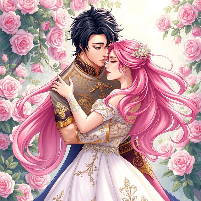 A beautifully romantic illustration of a handsome man with dark hair and a charming smile, locked in a passionate embrace with a beautiful woman who has long, flowing pink hair