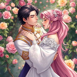 A beautifully romantic illustration of a handsome man with dark hair and a charming smile, locked in a passionate embrace with a beautiful woman who has long, flowing pink hair