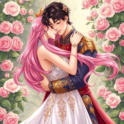 A beautifully romantic illustration of a handsome man with dark hair and a charming smile, locked in a passionate embrace with a beautiful woman who has long, flowing pink hair