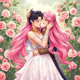 A beautifully romantic illustration of a handsome man with dark hair and a charming smile, locked in a passionate embrace with a beautiful woman who has long, flowing pink hair