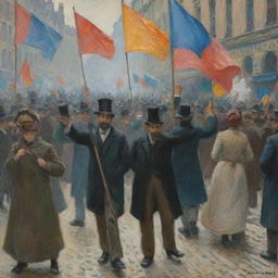 In Claude Monet's impressionistic style, portray a passionate protest taking place on a street. The dynamics of the crowd, colorful banners, and unifying energy are captured through vibrant color and swift brushwork, creating a scene of collective action.