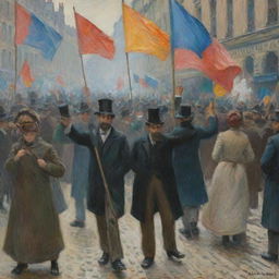 In Claude Monet's impressionistic style, portray a passionate protest taking place on a street. The dynamics of the crowd, colorful banners, and unifying energy are captured through vibrant color and swift brushwork, creating a scene of collective action.