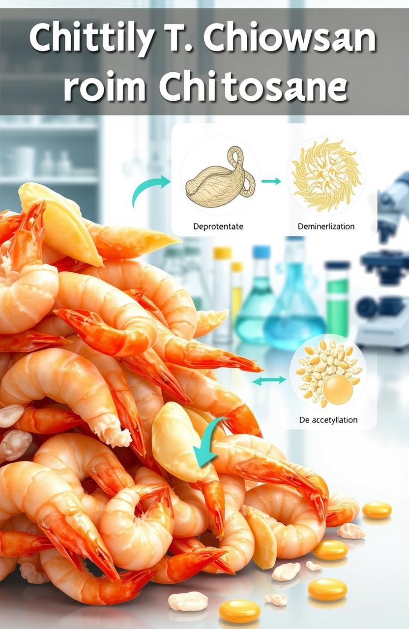 A detailed scientific illustration showcasing the process of extracting chitosan from shrimp waste