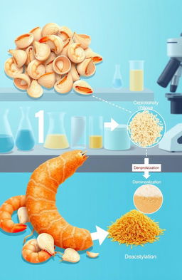 A detailed scientific illustration showcasing the process of extracting chitosan from shrimp waste