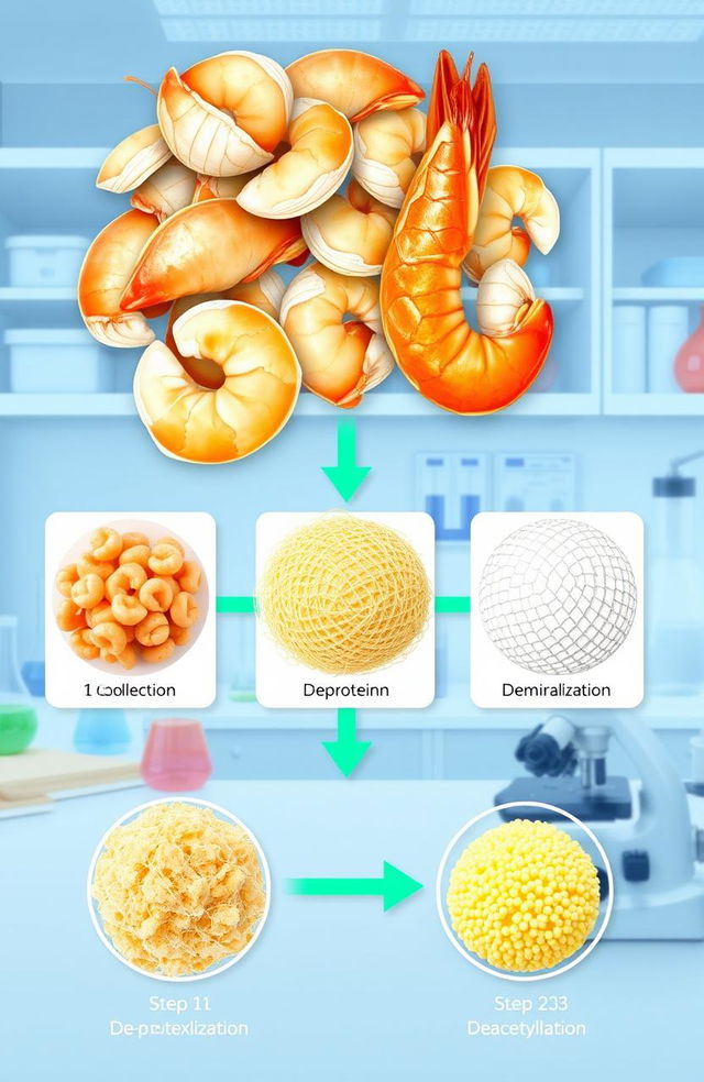 A detailed scientific illustration showcasing the process of extracting chitosan from shrimp waste