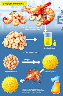 A detailed scientific illustration showcasing the process of extracting chitosan from shrimp waste