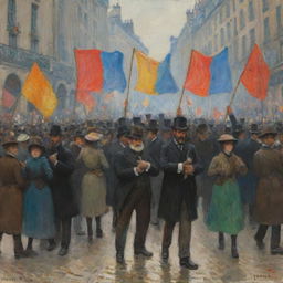 In Claude Monet's impressionistic style, portray a passionate protest taking place on a street. The dynamics of the crowd, colorful banners, and unifying energy are captured through vibrant color and swift brushwork, creating a scene of collective action.