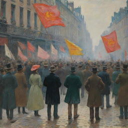 In Claude Monet's impressionistic style, portray a passionate protest taking place on a street. The dynamics of the crowd, colorful banners, and unifying energy are captured through vibrant color and swift brushwork, creating a scene of collective action.