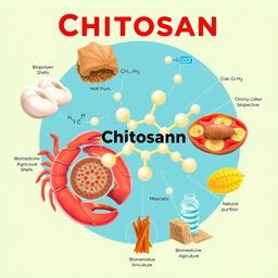 A vibrant and informative illustration of chitosan, showcasing its molecular structure and natural sources
