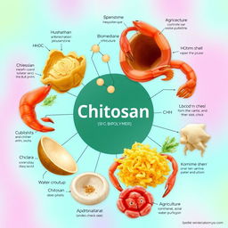 A vibrant and informative illustration of chitosan, showcasing its molecular structure and natural sources