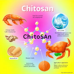 A vibrant and informative illustration of chitosan, showcasing its molecular structure and natural sources