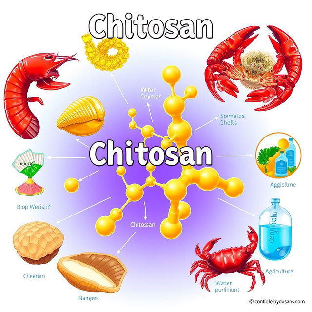 A vibrant and informative illustration of chitosan, showcasing its molecular structure and natural sources