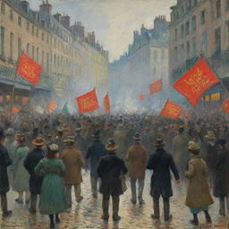 In Claude Monet's impressionistic style, portray a passionate protest taking place on a street. The dynamics of the crowd, colorful banners, and unifying energy are captured through vibrant color and swift brushwork, creating a scene of collective action.