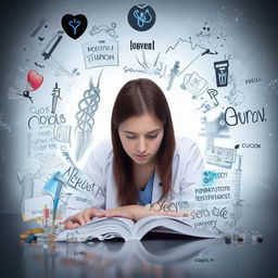 A dedicated individual engrossed in studying medical textbooks, with images of motivational quotes and medical professional symbols surrounding them.