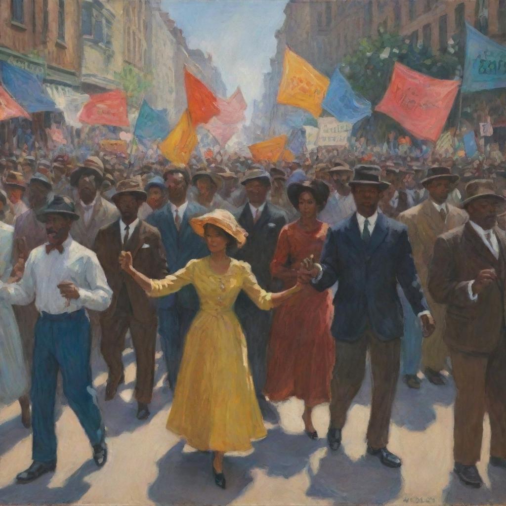 Craft an image in Claude Monet's style of African Americans engaged in a passionate street protest. The dynamic crowd, bold banners and unified energy are all portrayed with Monet's signature vibrant color palette, and swift, impressionistic brushwork.