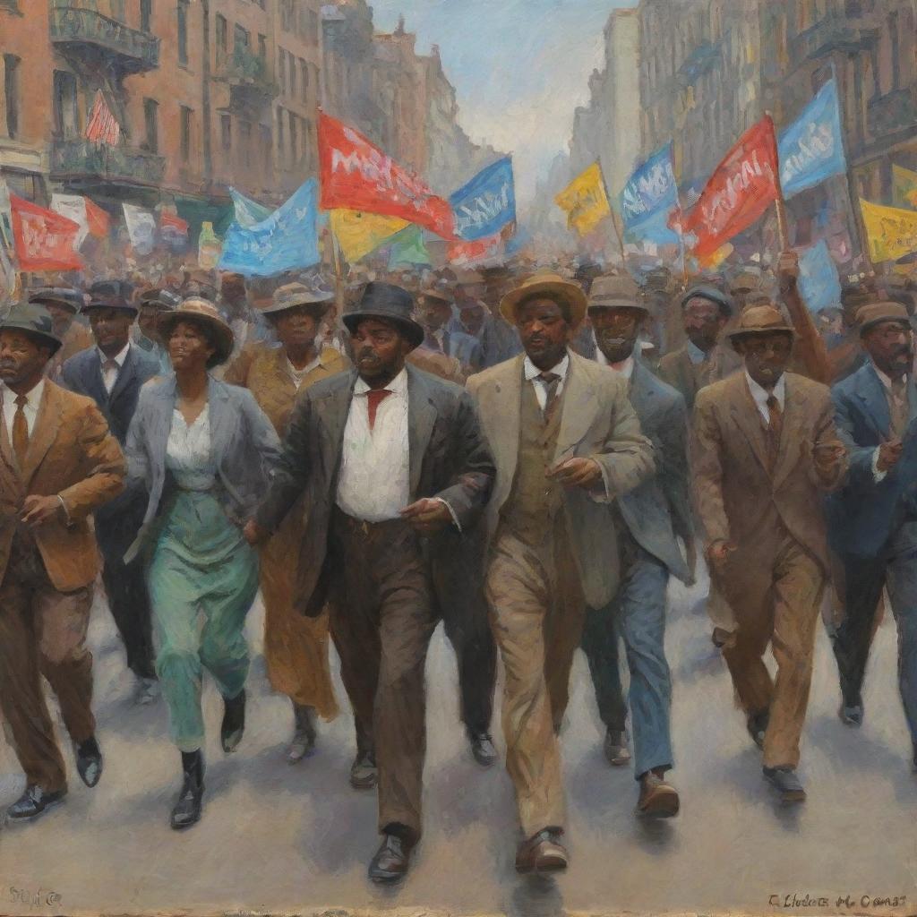 Craft an image in Claude Monet's style of African Americans engaged in a passionate street protest. The dynamic crowd, bold banners and unified energy are all portrayed with Monet's signature vibrant color palette, and swift, impressionistic brushwork.