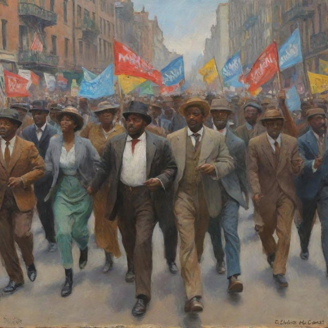 Craft an image in Claude Monet's style of African Americans engaged in a passionate street protest. The dynamic crowd, bold banners and unified energy are all portrayed with Monet's signature vibrant color palette, and swift, impressionistic brushwork.