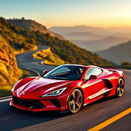 A sleek and modern sports car with an aerodynamic body design, bright red paint job, and shiny alloy wheels