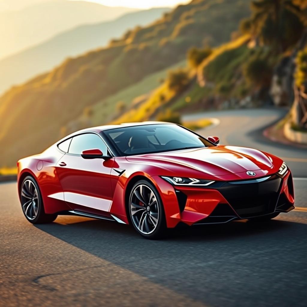 A sleek and modern sports car with an aerodynamic body design, bright red paint job, and shiny alloy wheels