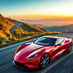 A sleek and modern sports car with an aerodynamic body design, bright red paint job, and shiny alloy wheels