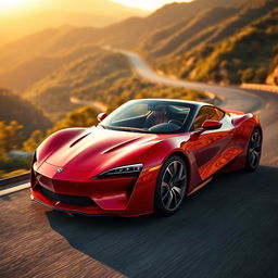 A sleek and modern sports car with an aerodynamic body design, bright red paint job, and shiny alloy wheels