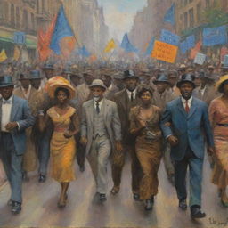 Craft an image in Claude Monet's style of African Americans engaged in a passionate street protest. The dynamic crowd, bold banners and unified energy are all portrayed with Monet's signature vibrant color palette, and swift, impressionistic brushwork.