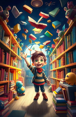 A whimsical library filled with vibrant colors, featuring playful characters that embody the wonder and excitement of adventure