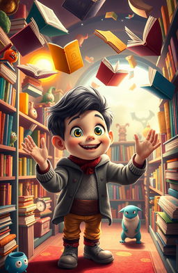 A whimsical library filled with vibrant colors, featuring playful characters that embody the wonder and excitement of adventure
