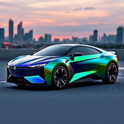 A never-before-seen two-door sportscar design featuring an aerodynamic body, shimmering metallic paint in a gradient of deep blue to vibrant green
