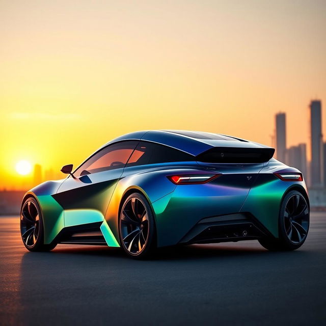 A never-before-seen two-door sportscar design featuring an aerodynamic body, shimmering metallic paint in a gradient of deep blue to vibrant green