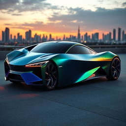 A never-before-seen two-door sportscar design featuring an aerodynamic body, shimmering metallic paint in a gradient of deep blue to vibrant green