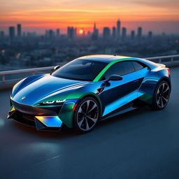 A never-before-seen two-door sportscar design featuring an aerodynamic body, shimmering metallic paint in a gradient of deep blue to vibrant green