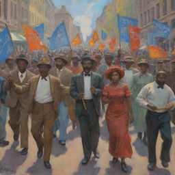 Craft an image in Claude Monet's style of African Americans engaged in a passionate street protest. The dynamic crowd, bold banners and unified energy are all portrayed with Monet's signature vibrant color palette, and swift, impressionistic brushwork.