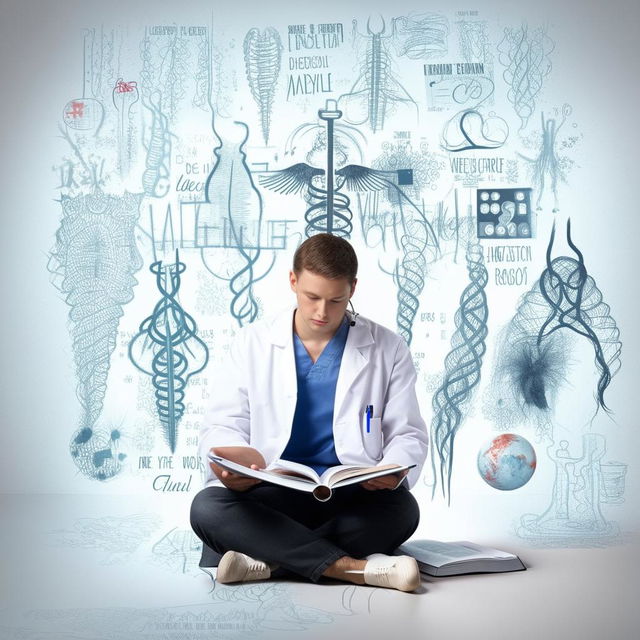 A dedicated individual engrossed in studying medical textbooks, with images of motivational quotes and medical professional symbols surrounding them.