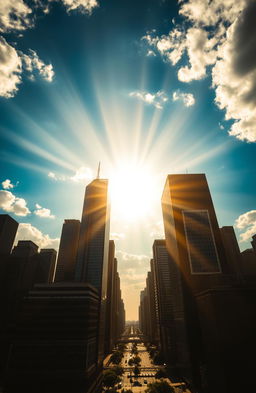 A breathtaking scene depicting the light of God shining down from the heavens onto an urban city skyline