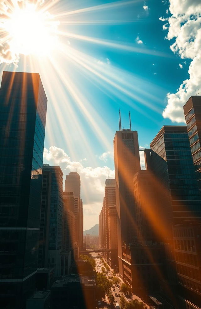 A breathtaking scene depicting the light of God shining down from the heavens onto an urban city skyline