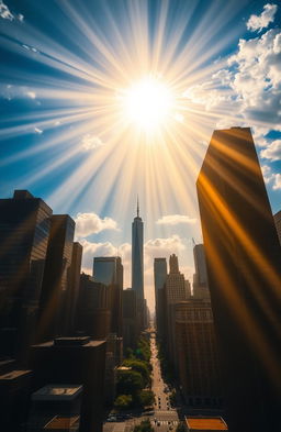 A breathtaking scene depicting the light of God shining down from the heavens onto an urban city skyline