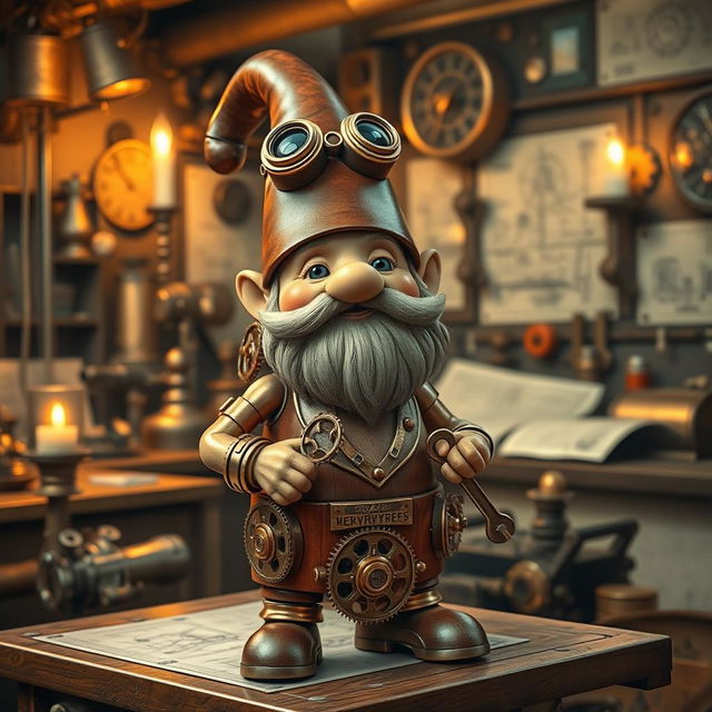 A whimsical steampunk mechanical gnome, featuring intricate brass gears and pipes integrated into its design