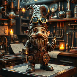 A whimsical steampunk mechanical gnome, featuring intricate brass gears and pipes integrated into its design