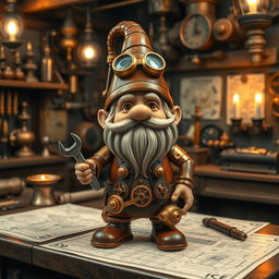 A whimsical steampunk mechanical gnome, featuring intricate brass gears and pipes integrated into its design