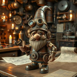 A whimsical steampunk mechanical gnome, featuring intricate brass gears and pipes integrated into its design